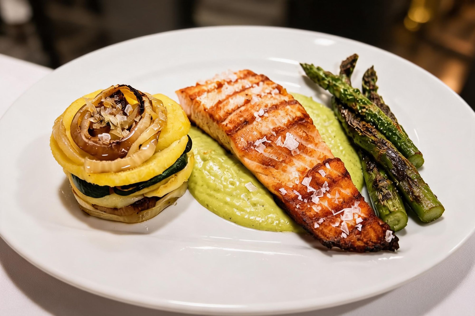 Salmón del chef con crema de espárragos y tagliatelle