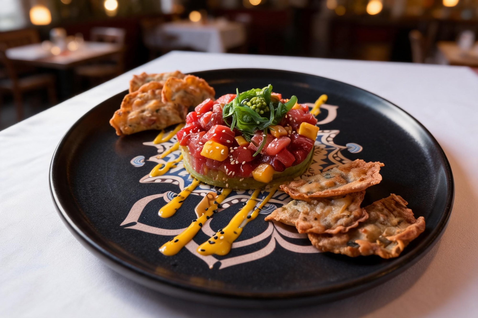 Tartar de atún rojo sobre crema de aguacate con tortitas de camarones